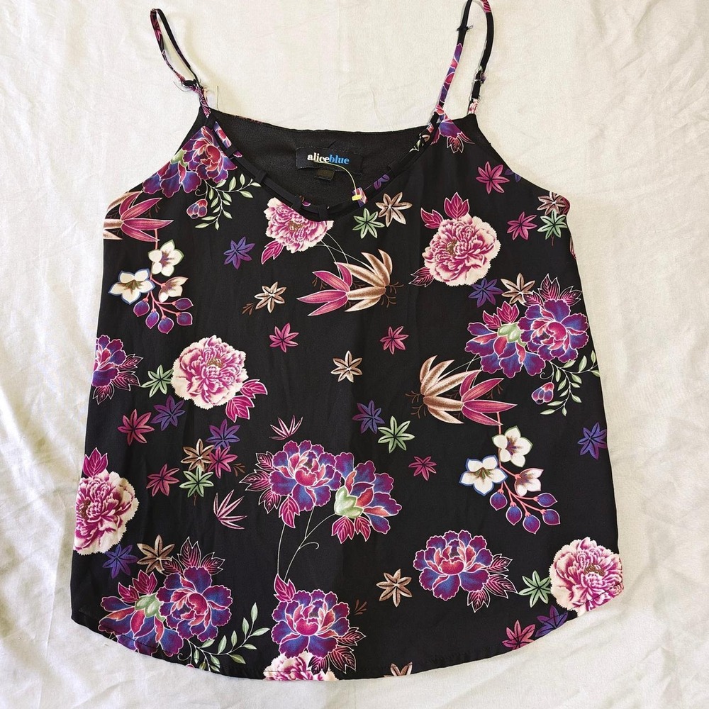 Alice Blue Floral Camisole Tank Top Size Small Black Purple Pink V-Neck